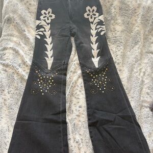 Fashion Nova Black Flare Jeans with White Floral Embroidery